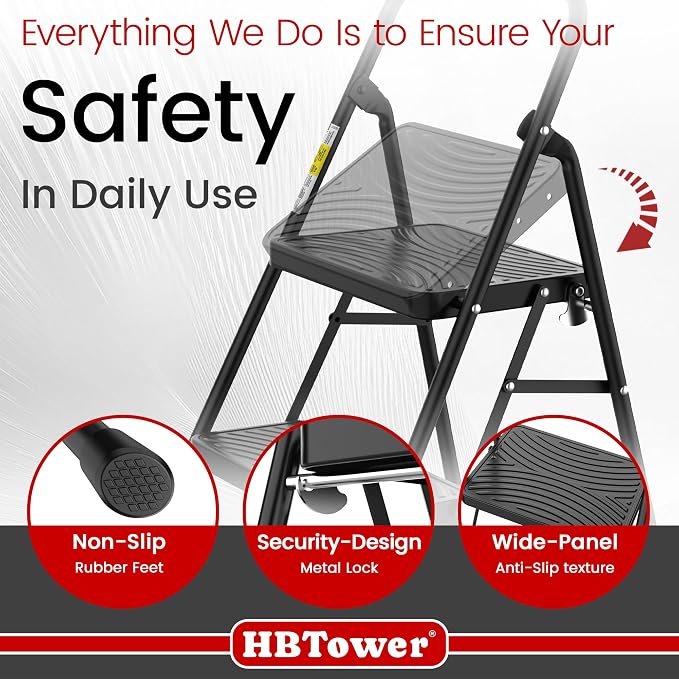 HBtower 2 Step Ladder, Step Stool with Wide Anti-Slip Pedal | Step Ladder Folding Step Stool for Adults, Lightweight Steel Portable ladders for Home Kitchen