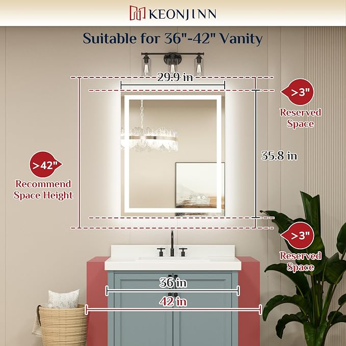 Keonjinn 30x36 Inch LED Bathroom Mirror with Lights, 3-Color Temperature | HD Tempered Grass, Frontlit & Backlit & Stepless Dimmable Lighting, Fast & Safe Defogging, Effortless Installation