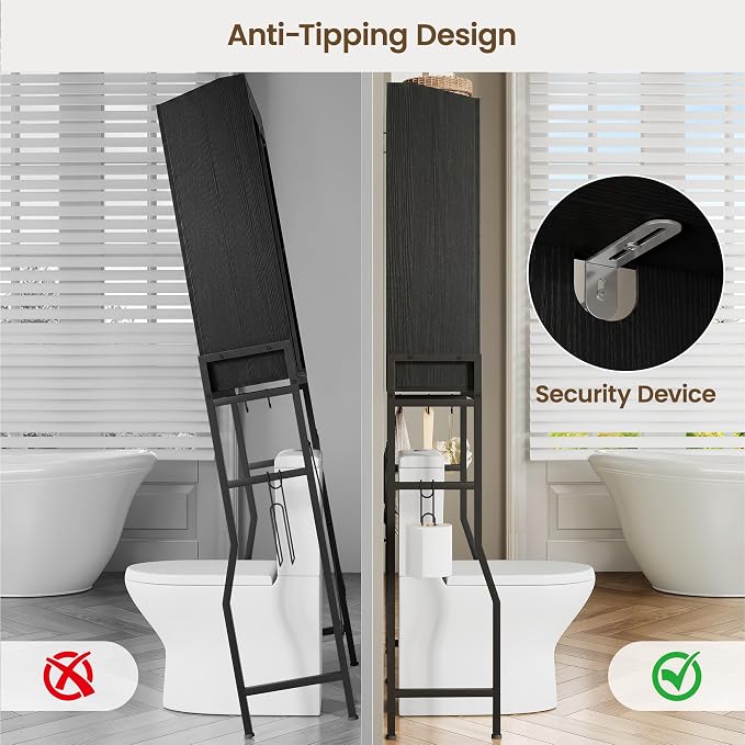 Over The Toilet Storage Cabinet with 2-Door & Metal Stand, Black | Toilet Paper Holder, 3 Extra Hooks, Anti-Tipping Device, With Adjustable Shelves, for Bathroom, Restroom, Laundry