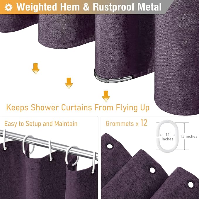 Extra Long Linen Textured Waterproof Shower Curtain, 72x96, Purple | Extra Tall Size, 230GSM Polyester, Heavy Duty Waterproof Cloth, Weighted Hem, 12 Hooks, Modern Hotel Style, Machine Washable