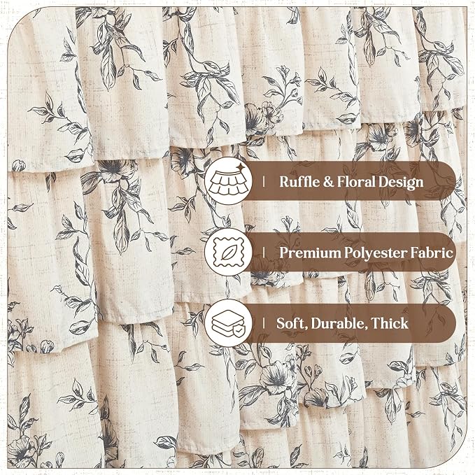 Yinhua Farmhouse Ruffle Shower Curtains for Bathroom, 72" Wx72 L | Black Floral Print, Ruflle Design, 12 Metal Hooks, Vintage Rustic Washable Waterproof Shower Curtain for Bathroom Bathtub