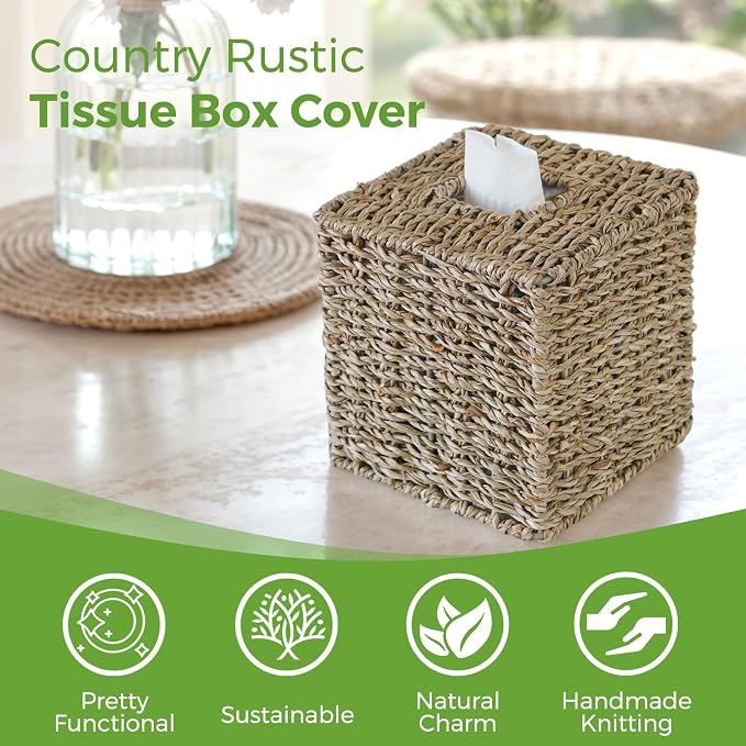 Seagrass Tissue Box Cover Square, Handwoven Facial Tissue Box Holder | Natural Seagrass, Decorative Cube Wicker Tissue Cover Tissue Holder for Bathroom Bedroom Office, Boho Decor