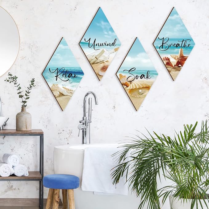 FairySandy 4 Pcs Sea Bathroom Wall Decor 11.8 x 6.69 Inch Seashell Restroom Wall Art Bathroom Coastal Decoration Ocean Sea Minimalist Relax Soak Unwind Breathe Sign for Bedroom Living Room Restroom