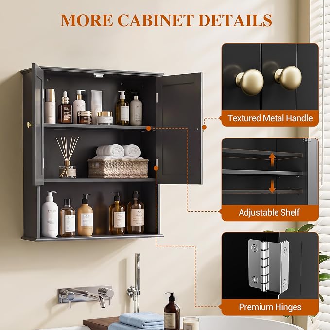 Bathroom Wall Cabinet, Black 30" x 24" Wall Mounted Medicine Cabinet, Over Toilet Storage Hanging Cabinet Adjustable Shelves Cupboard with Large Space for Laundry Room, Bedroom, Kitchen, Entryway