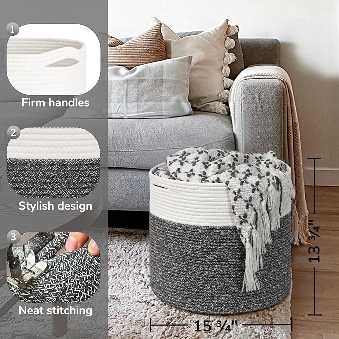Goodpick Woven Blanket Basket Living Room, Toy Bin for Playroom, 45L | 15.8 x 15.8 x 13.8 In Toy Storage Basket for Nursery, Blanket Basket for Living room, Laundry Basket, Gray