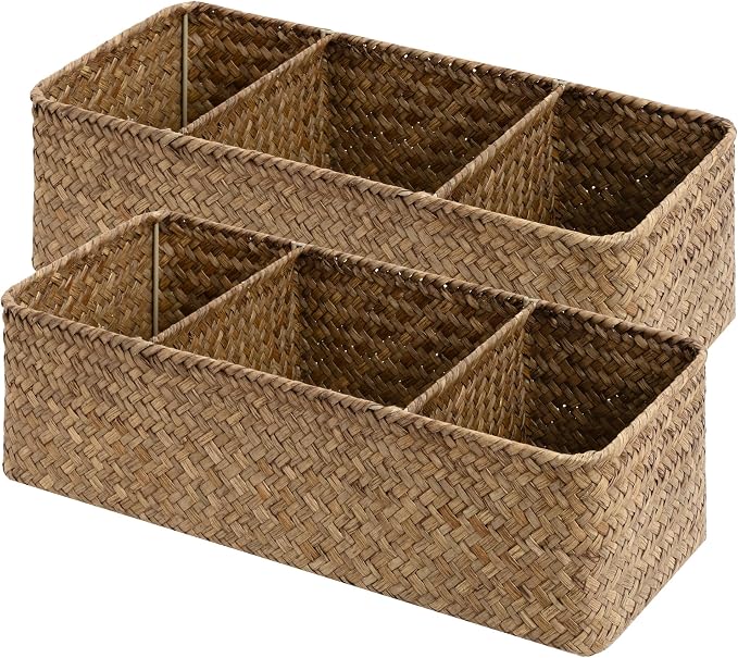 StorageWorks Toilet Paper Basket, 3-Section Toilet Tank Basket, Seagrass | Wicker Basket, Toilet Paper Storage for Back of Toilet Tank, Woven Baskets for Shelves, Wicker Baskets with 3 Compartments