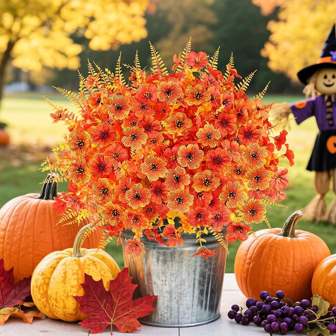 16PCS Artifcial Fall Flowers, Silk Flowers with Eucalyptus & Ferns | Realistic Orange Autumn Artificial Flowers, Porch Yard Fall Decor, Thanksgiving & Harvest Home Decorations