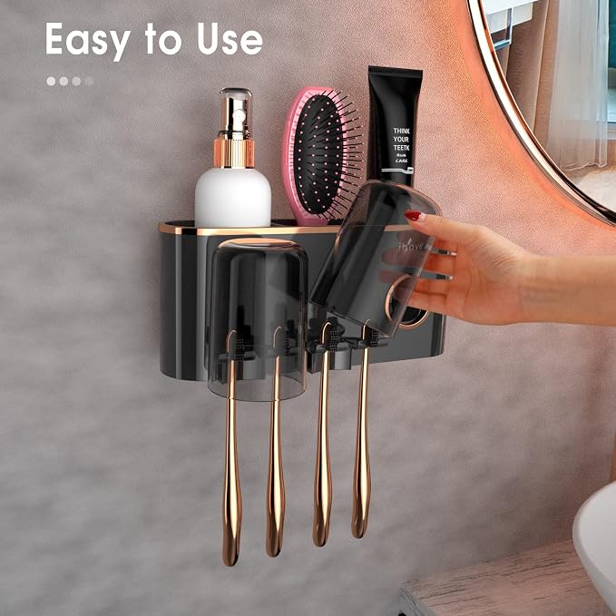 iHave Toothbrush Holders for Bathrooms Wall Mounted with Dispenser & 2 Cups | 6 Slots Wall Mount Toothbrush Holders for Bathrooms with Squeeze Toothpaste Dispenser, 2 Cups & 2 Compartments Organizer