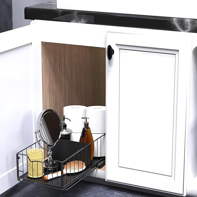 Simple Houseware Pull-Out Cabinet Sliding Basket, 17.2Dx9.7Wx5H, Black | Ideal for Kitchen and Bathroom Cabinet Storage Organizer, Under Sink or Pantry Organization