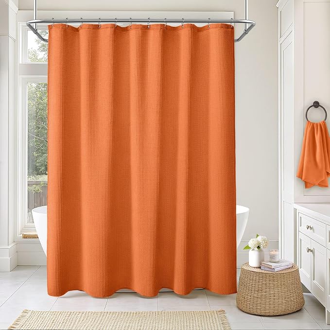 Waffle Weave Shower Curtain Heavyweight Cotton Fabric Orange 72Wx72L | Soft Cotton Cloth,3D Square Truely Waffle Washable, Hotel Luxury Spa, Shower Curtain Set for Bathroom 12 Plastic Hooks
