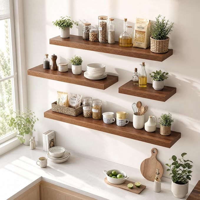 12 Inch Deep Floating Shelves for Wall, 24 Inch Wide Wall Shelves Set of 2, 2 Inch Thick Heavy Duty Invisible Wall Mounted Shelves for Kitchen Living Room,Walnut Color