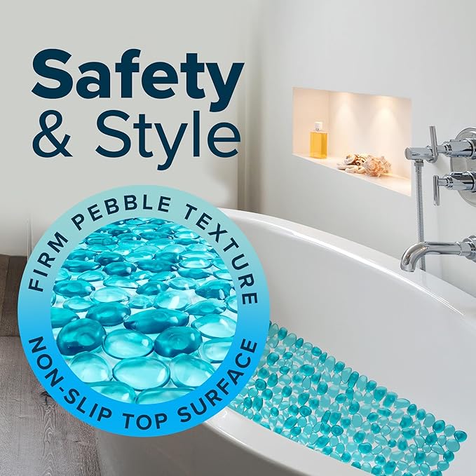 SlipX Solutions 38"x17" Pebble Non Slip Mat for Bath & Shower, Aqua | Foot Massaging Accupressure Bathtub Mat, River Rock Look, 188 Suction Cups, Machine Washable