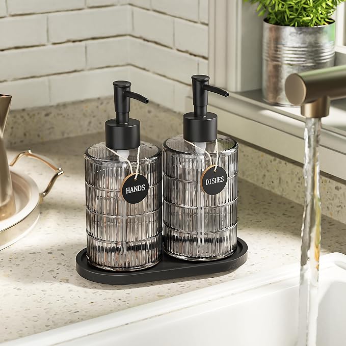 MASADI Soap Dispenser Set with Bamboo Tray, Dish and Hand Soap Lotion Dispenser Set with Wooden Pump for Kitchen and Bathroom Decor for Counter, Modern Vintage Liquid Soap Dispensers (Grey&Black)