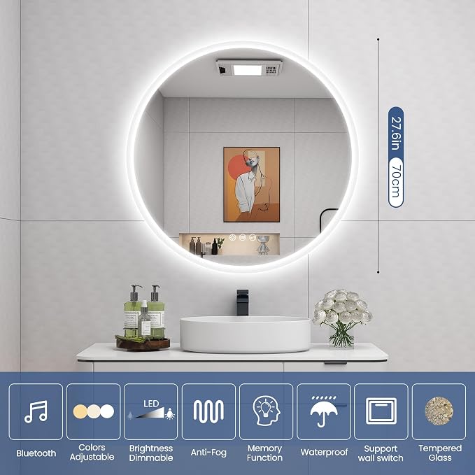 STARLEAD 28" Round LED Bathroom Mirror with Bluetooth Speaker, Dimmable Lighting, 3 Color Modes, Anti-Fog, Touch Control Wall Mounted Vanity Mirror