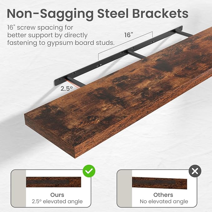 55 in Floating Shelves for Wall Decor Color Brown,Pack 1 | Modern floating shelves for living room,bedroom,kitchen and bath.Organize & display books,photos and decor.easy mount,sturdy.