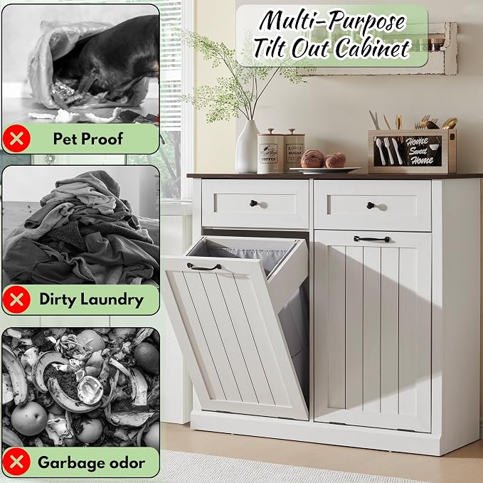 IFBUY Double Tilt Out Laundry Hamper Cabinet, Trash Cabinet, Antique White | 20 Gallon Farmhouse Trash Cabinet w/Drawers, Hidden Wood Garbage Can Cabinets w/Laundry Storage Basket for Bathroom, Kitchen