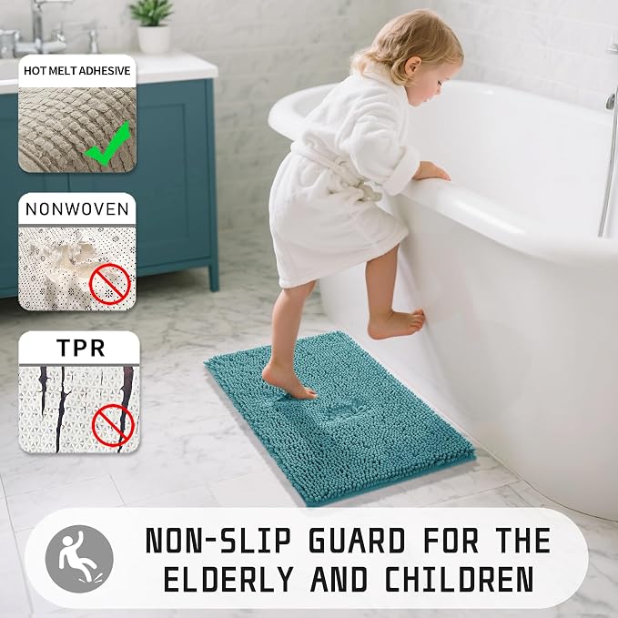Yimobra Long Bathroom Rugs 44"x24", Extra Soft Non Slip Bath Mat for Tub, Super Absorbent Quick Dry Shaggy Rug Floor Carpet, Machine Washable,Teal Blue