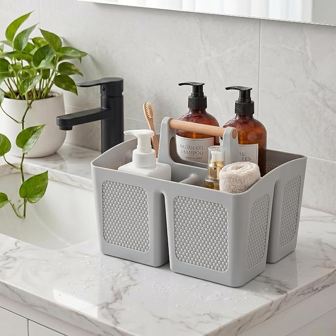 Plastic Light Gray Shower Caddy Basket with 3 Compartments, Portable Divided Bathroom Cleaning Caddy Organizer Storage Tote with Handle for Dorm, College, Room Essentials