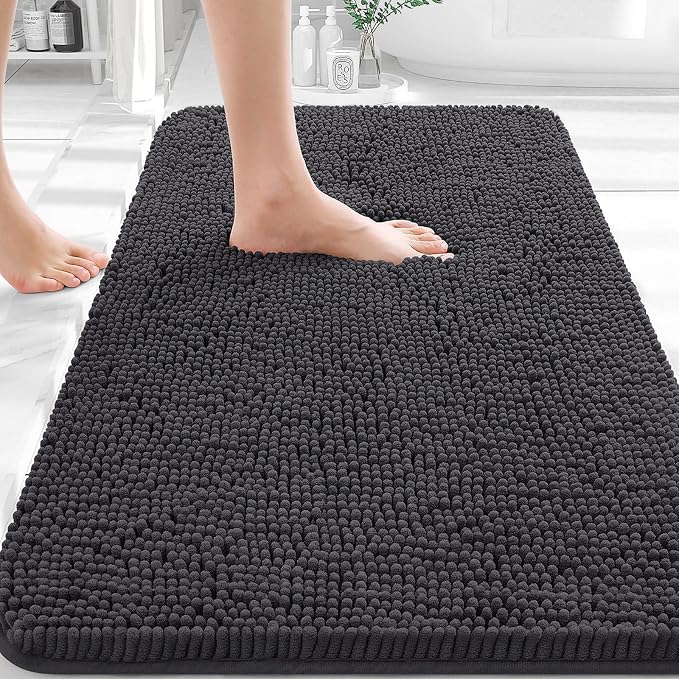 OLANLY Bathroom Rugs 32x20, Extra Soft Absorbent Chenille Bath Rugs | Dark Grey, Quick-Drying Rubber Backing, Machine Washable Bath Mat for Bathroom Floor, Tub and Shower, Home Decor Accessories