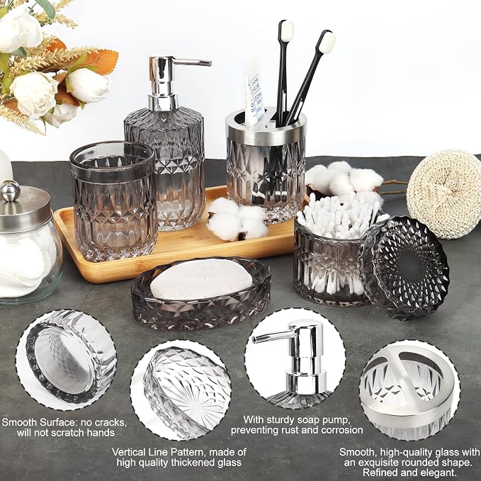 Bathroom Clear Glass Accessories Set, 5Pcs Bathroom Soap Dispenser Set, Glass Bathroom Accessories with Glass Soap Dispenser, Soap Dish, Toothbrush Holder, Tumbler, Cotton Swab Jar (Black & Clear)