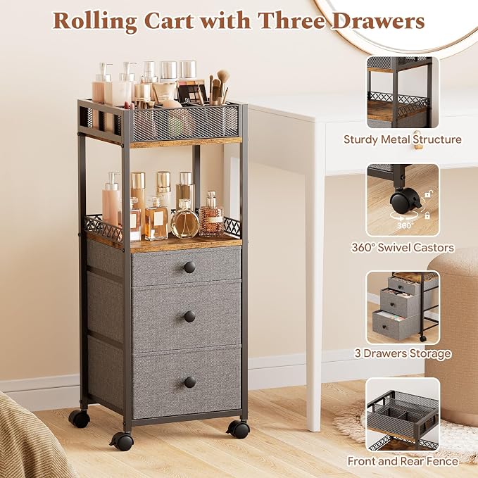 Plaviya Makeup Organizer Cart with 3 Drawers Storage for Bedroom & Bathroom | Utility Rolling Cart, Vanity Desk Organizer, Perfume, Cologne, Skin Care, Nail Polish, Black