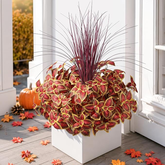florisso Fall Artificial Coleus Plants Outdoot with Burgundy Grass 5Pcs | Faux Fall Plants UV Resistant Silk Plants with Stems, Fake Plants for Outside Garden Patio Planter Pathway Front Porch