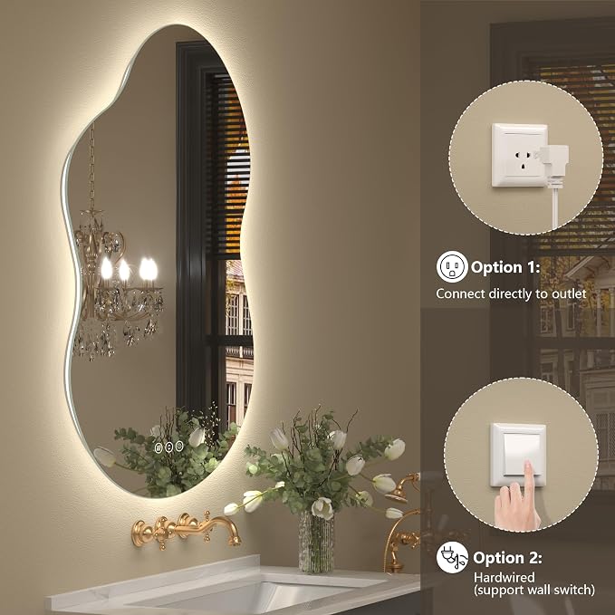 60x32 Inch Irregular Cloud LED Bathroom Mirror with Lights | Asymmetrical Backlit Vanity Mirror, Anti-Fog, Dimmable, Memory, 3 Colors, Shatterproof, ETL Listed (Horizontal/Vertical)
