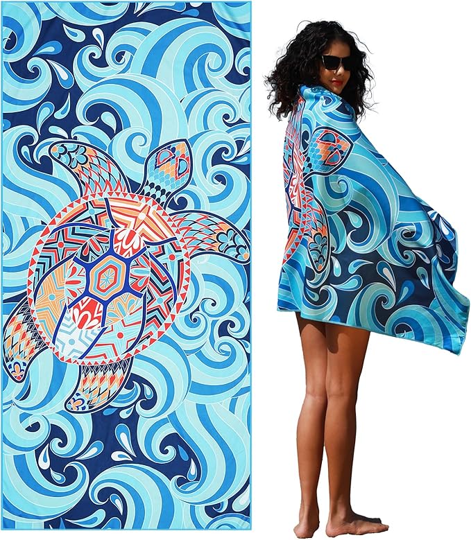 Widdonen Microfiber Beach Towel,Compact 71x32 Inch,Lightweight,Turtle | Extra Large,Sand Free,Thin,Absorbent,Quick Dry for Camping,Hiking,Swim,Pool,Bath,Picnic,Gym,Cruise Essentials,Adult Gifts