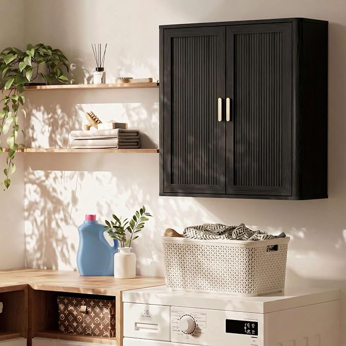 Bathroom Storage Cabinet, Over The Toilet Storage Cabinet, Medicine Cabinet with Adjustable Wood Shelf & Doors for Laundry Room & Kitchen & Living Room(Black)