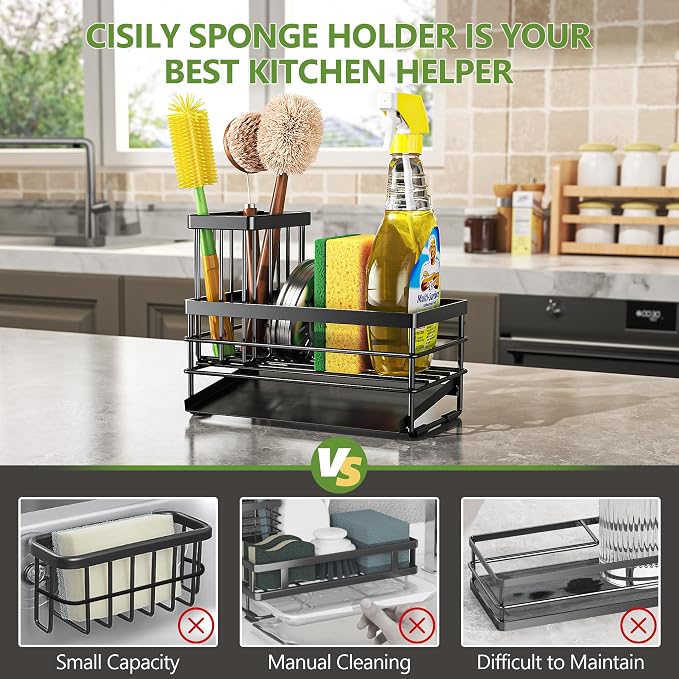 Cisily Sink Caddy Sponge Holder for Kitchen with Brush Holder and Stainless Steel Self Drain Tray, Rustproof Kitchen Sink Organizer for Sponge, Soap Dispenser Storage Accessories