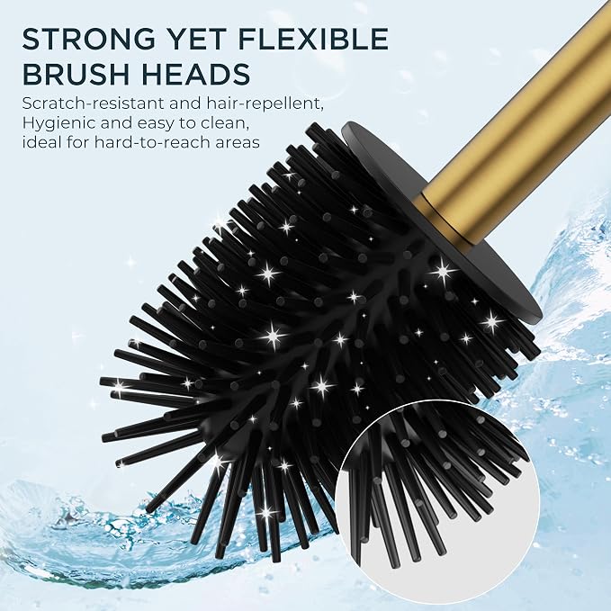 FORIOUS Toilet Brush, 2 Toilet Bowl Brush Head Square Short Gold | Heavy Duty 304 Stainless Steel Base, Silicone and Plastic Brush Heads, 360° Deep Cleaning, Drip-Proof, Splash-Proof Design