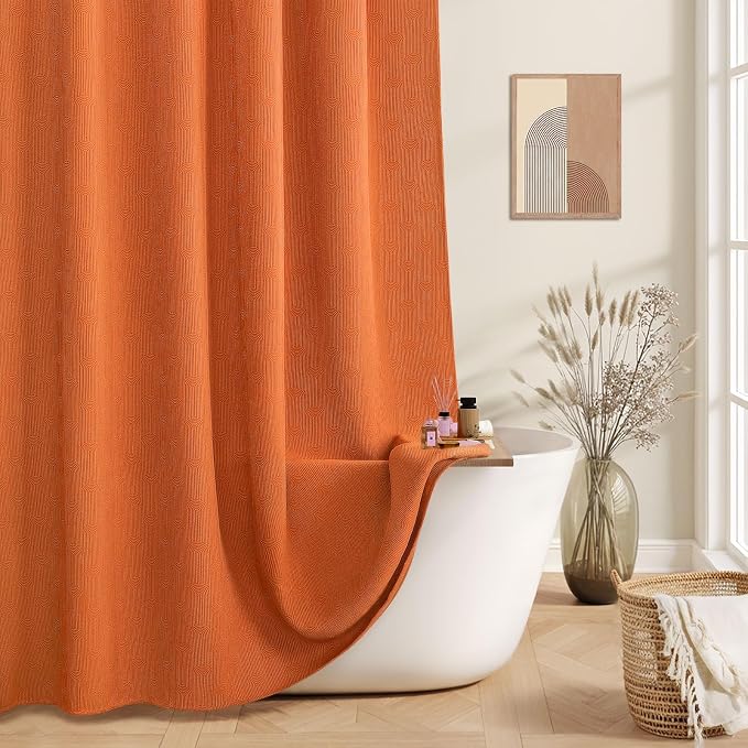 Orange Boho Cotton Shower Curtain Arch,72" W x 78" L | Minimalist Shower Curtain for Bathroom