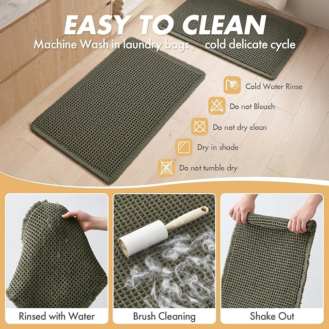 MIULEE Set of 2 Waffle Bathroom Runner Rugs Green 2'x5'(24"x60") | Non Slip, Super Absorbent, Washable, Ultra Soft, Boho Bath Mats for Bathroom Hallway Bedroom Laundry Room Kitchen