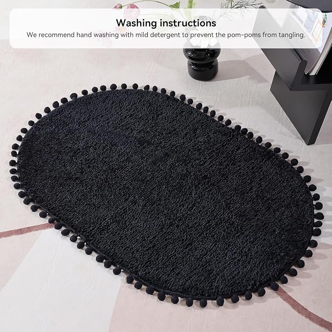 YIRDDEO Oval Rug for Bathroom, Cute Boho Bath Mat with Pom, Black | Soft Plush, Absorbent, Quick Dry, Machine Washable, Non Slip Bath Mat for Bathroom Shower Floor Home Decor