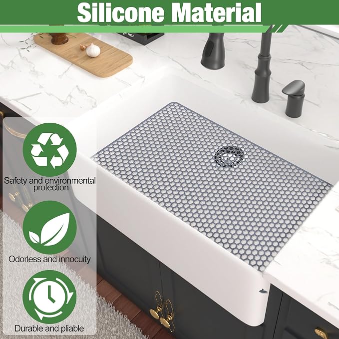 Sink Protectors Mat - 28.35"x14.37" Kitchen Sink Pad for Bottom of Basin for Protection of Stainless Steel and Tableware, Farmhouse Rubber Basin Mat Protector - Light Gray