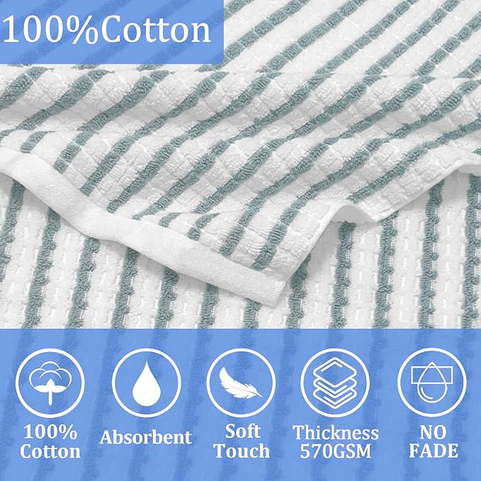 VOOVA & MOVAS Kids Bath Towel, 6-10 Years, 100% Cotton,White Green Stripe | Soft Horizontal Striped Print, Fluffy Thick Cotton, Suitable for Pool, Swim and Daily Bath