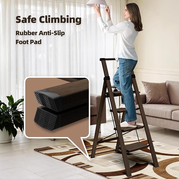 HillhutApex Aluminum 4 Step Ladder, Step Stool Foldable Ladder(Walnut) | Anti-Slip Pedals,330lbs Capacity,Lightweight Folding Ladders for Home,Office,Libaray
