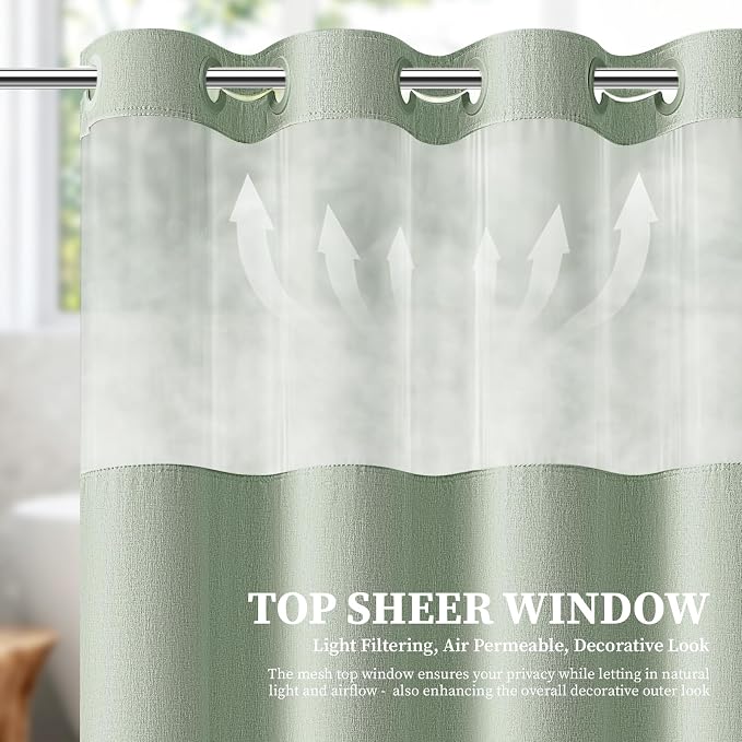 Sage Green Ringless Linen Look Shower Curtain with Snap in Liner 72x75 | 3 in 1 Hotel Shower Curtain Set, Removable Liner, Waterproof & Washable, Mesh Top Window, Durable Fabric, Easy to Install