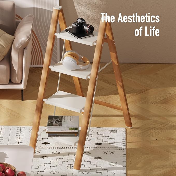 Mayi Plus 4 Step Stool Foldable, Aluminum, Lightweight Step Ladder | Extra-wide anti-slip folding steps with 330 lbs, for home,kitchen,office,outdoor,White & Woodgrain.