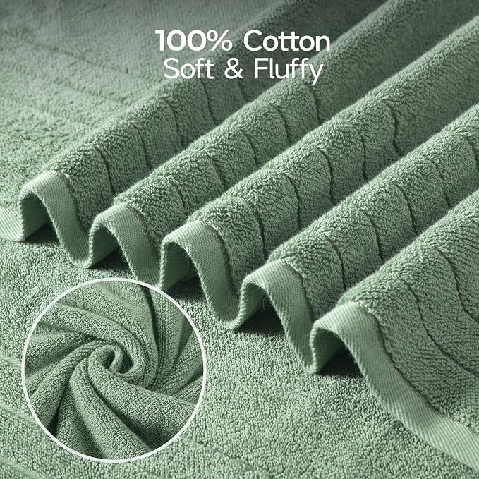 REDKISS 2 Pack Extra Large 35x70 Inch Cotton Bath Towels, Green | 100% thick cotton, ultra soft & absorbent, quick dry green towels for bathroom, gym, spa, pool, hotel