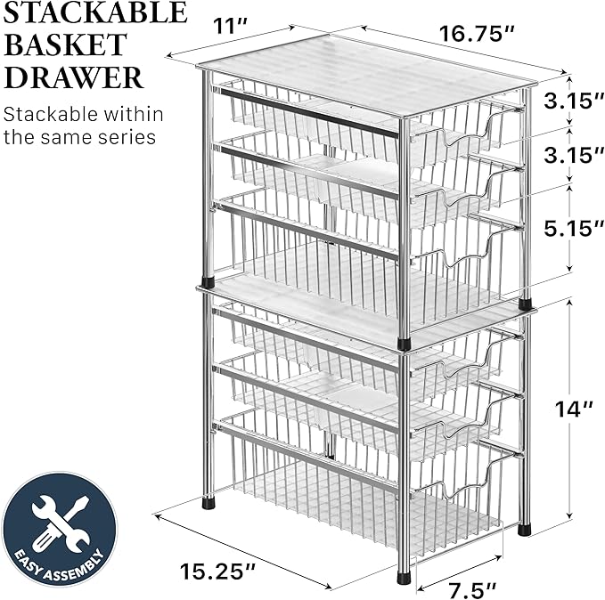 Simple Houseware Stackable 3 Tier Sliding Basket Organizer Drawer, Chrome