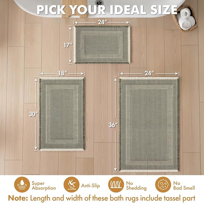 MIULEE Set of 2 Waffle Bathroom Rugs Green&Cream Boho Bath Mat 17x24+18x30 | Looped Design, Super Absorbent, Non Slip, Washable, Ultra Soft, Rubber Backed, Bathroom Mats for Floor Tub Shower