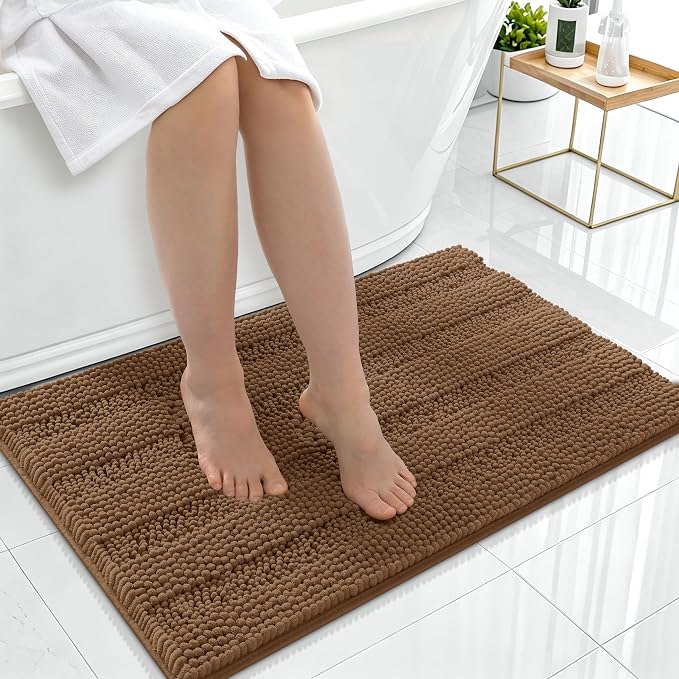 Smiry Thick Chenille Bathroom Rugs 36x24, Soft Absorbent Bath Mat, Mocha | Quick‑Dry & Machine Washable, Non‑Slip Bath Carpet, Striped Bath Rugs for Tub & Shower, Modern Home Decor Accessories