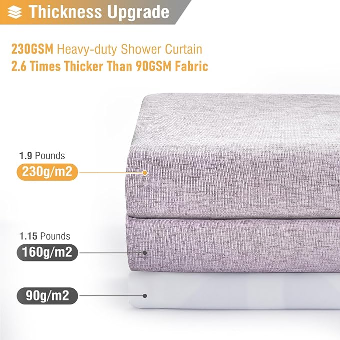 72x78 Linen Textured Waterproof Fabric Shower Curtain Set, Lavender | Long Size, 230GSM Polyester, Heavy Duty Cloth, Weighted Hem, 12 Plastic Hooks, Modern Luxury Hotel Style, Machine Washable