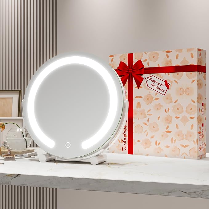 ROLOVE Vanity Mirror with Lights, 12 Inch Light Up Makeup Mirror, LED Makeup Mirror with Lights for Bedroom Tabletop, Smart Touch Control 3 Colors Dimmable, 360° Rotation, White | 3 Color Modes and Touch-Dimmable LED Ring Light, Corded Plug-in Mirror f...