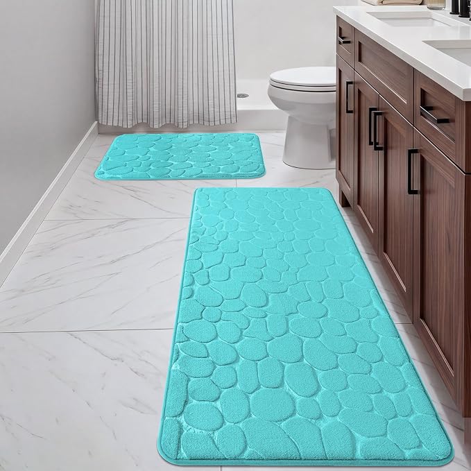Bathroom Rugs Mat Set, Memory Foam Bath Mat 2 Piece Teal | 17x24&20x46, Non Slip, Water Absorbent, Washable, Bath Mat For Bathroom, Sink and Toilet