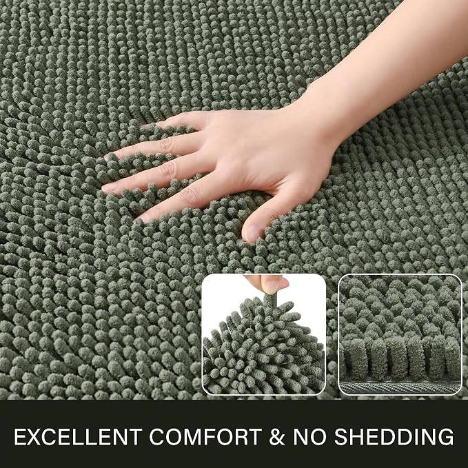 LOCHAS Luxury Bathroom Rug Shaggy Bath Mat 24 x 54 Inch, Sage Green | Washable Non Slip Bath Rugs for Bathroom Shower, Soft Plush Chenille Absorbent Carpets