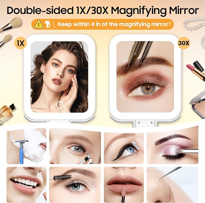 Travel Makeup Mirror with Lights, Double-Sided 1X/30X Magnifying Mirror, 3 Color Lighting & Brightness Adjustable, Portable &Foldable Handheld Mirror with Lights(White)