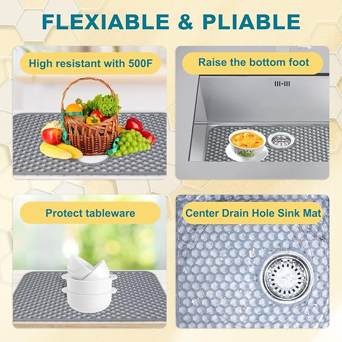 Bestjing Silicone Sink Protectors for Kitchen Sink with Rear Drain - 26"x 14" Kitchen Protector Accessory, Non-Slip Heat Resistant Grid Mat for Bottom of Farmhous Peorcelain Stainless Steel(Rear Hole)