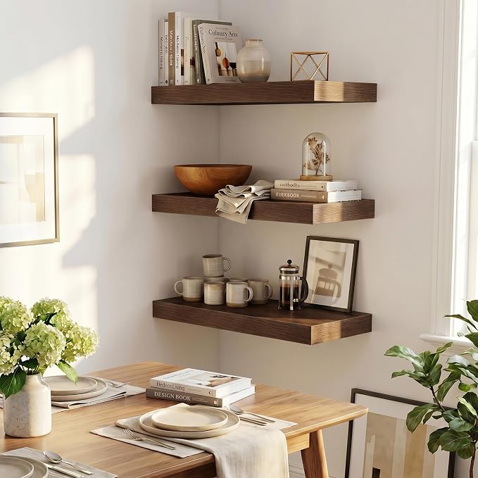 Fun Memories Wood Floating Shelves 20 Inch, 12 Inch Deep Shelves Wall Mount, Wall Shelves with Invisible Bracket, 20" Floating Shelves for Living Room Bathroom Bedroom, Walnut, Set of 2